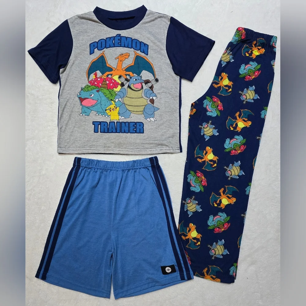 Pokemon 3pc Pajama Set Size 10 Medium Boys Girls Kids Pjs Pants Shorts Shirt